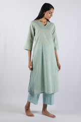 Blue & Yellow Floral Hand Block Printed Cotton Kurta