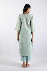Blue & Yellow Floral Hand Block Printed Cotton Kurta