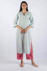 Blue Floral Hand Block Printed Cotton Kurta
