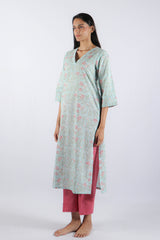 Blue Floral Hand Block Printed Cotton Kurta
