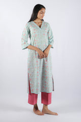Blue Floral Hand Block Printed Cotton Kurta