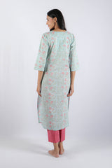 Blue Floral Hand Block Printed Cotton Kurta