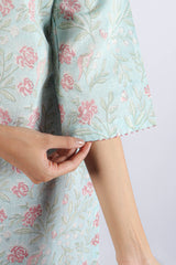 Blue Floral Hand Block Printed Cotton Kurta