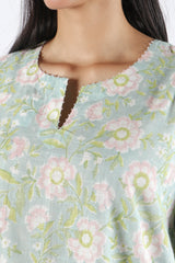 Green Floral Hand Block Printed Cotton Kurta