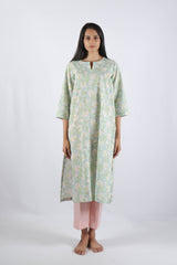 Green Floral Hand Block Printed Cotton Kurta