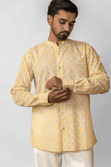 Yellow Floral Block Printed Mandarin Collar Cotton Shirt