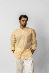 Yellow Floral Block Printed Mandarin Collar Cotton Shirt