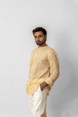 Yellow Floral Block Printed Mandarin Collar Cotton Shirt