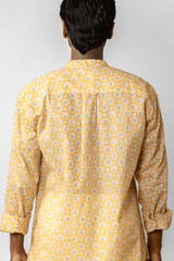 Yellow Floral Block Printed Mandarin Collar Cotton Shirt