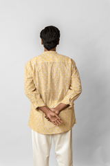Yellow Floral Block Printed Mandarin Collar Cotton Shirt