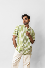 Green Striped Floral Linen Shirt