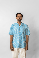 Blue Hand-Block Floral Printed Cotton Half-Sleeve Shirt