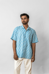 Blue Hand-Block Floral Printed Cotton Half-Sleeve Shirt