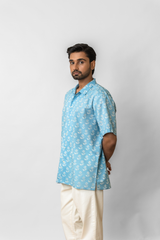Blue Hand-Block Floral Printed Cotton Half-Sleeve Shirt