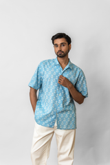 Blue Hand-Block Floral Printed Cotton Half-Sleeve Shirt