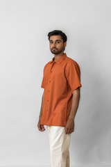 Rust Orange Micro-Geometric Printed Half-Sleeve Shirt