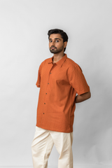 Rust Orange Micro-Geometric Printed Half-Sleeve Shirt