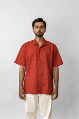 Red Micro-Geometric Printed Half-Sleeve Shirt