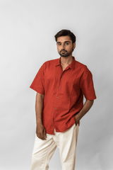 Red Micro-Geometric Printed Half-Sleeve Shirt