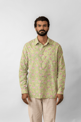 Green Floral Block Printed Full-Sleeve Cotton Shirt