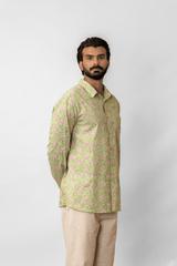 Green Floral Block Printed Full-Sleeve Cotton Shirt