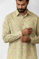 Green Floral Block Printed Full-Sleeve Cotton Shirt