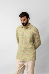 Green Floral Block Printed Full-Sleeve Cotton Shirt