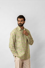 Green Floral Block Printed Full-Sleeve Cotton Shirt