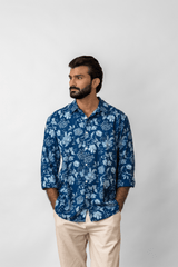 Blue Floral Printed Full-Sleeve Cotton Shirt