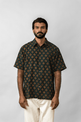 Green Leaf Block Printed Short-Sleeve Cotton Shirt