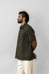 Green Leaf Block Printed Short-Sleeve Cotton Shirt