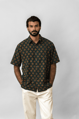 Green Leaf Block Printed Short-Sleeve Cotton Shirt