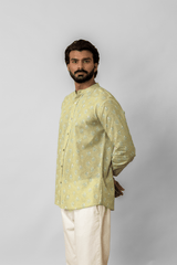 Green Floral Printed Mandarin Collar Cotton Shirt