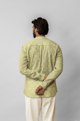 Green Floral Printed Mandarin Collar Cotton Shirt