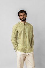 Green Floral Printed Mandarin Collar Cotton Shirt