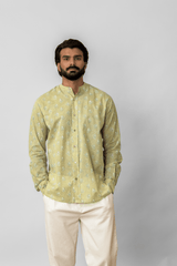 Green Floral Printed Mandarin Collar Cotton Shirt