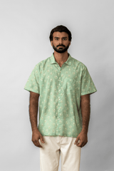 Green Floral Printed Short-Sleeve Cotton Shirt