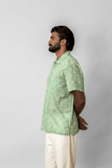 Green Floral Printed Short-Sleeve Cotton Shirt