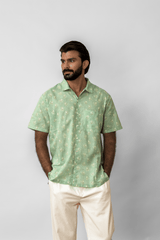 Green Floral Printed Short-Sleeve Cotton Shirt