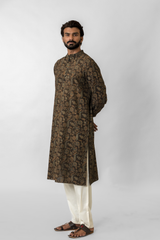 Black Ajrakh Printed Pure Linen Long Kurta
