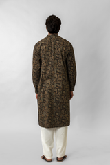 Black Ajrakh Printed Pure Linen Long Kurta