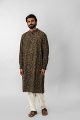 Black Ajrakh Printed Pure Linen Long Kurta
