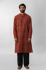 Red Kalamkari Hand-Block Printed Cotton Long Kurta