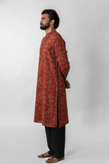 Red Kalamkari Hand-Block Printed Cotton Long Kurta