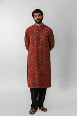 Red Kalamkari Hand-Block Printed Cotton Long Kurta