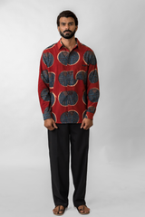 Red Circular Hand-Block Printed Cotton Ajrakh Shirt