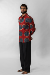 Red Circular Hand-Block Printed Cotton Ajrakh Shirt