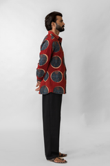 Red Circular Hand-Block Printed Cotton Ajrakh Shirt