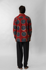Red Circular Hand-Block Printed Cotton Ajrakh Shirt