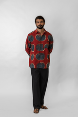 Red Circular Hand-Block Printed Cotton Ajrakh Shirt